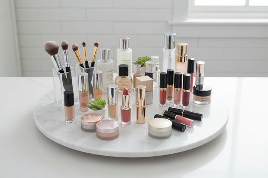 Lazy Susan with cosmetics on bathroom counter